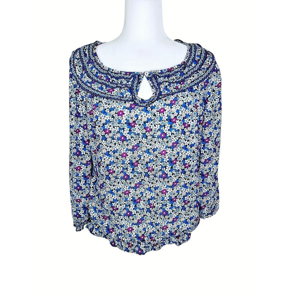 Max Studio Blue Purple Daisy Floral Print Bubble Hem 3/4 Sleeve Blouse